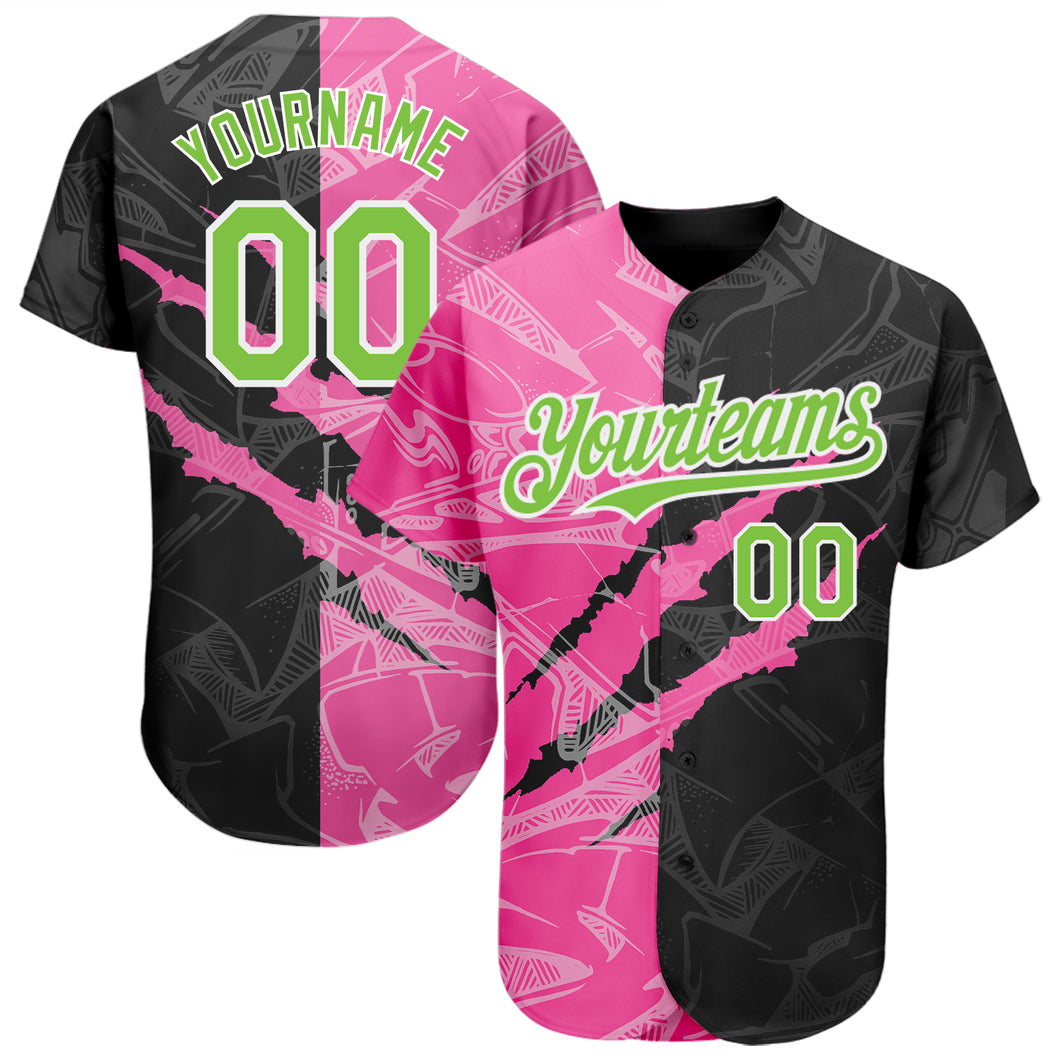 Custom Graffiti Pattern Neon Green Black-Pink 3D Scratch Authentic Baseball Jersey