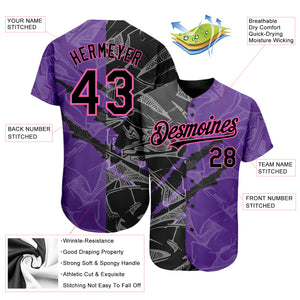 Custom Graffiti Pattern Black Purple-Pink 3D Scratch Authentic Baseball Jersey