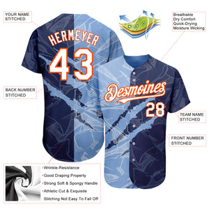 Custom Graffiti Pattern White Navy Light Blue-Orange 3D Scratch Authentic Baseball Jersey