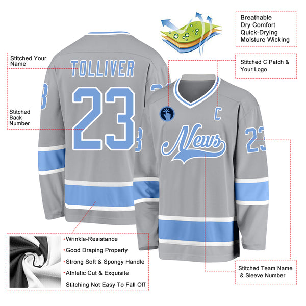 Custom Hockey Jersey Gray Light Blue-White