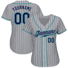 Load image into Gallery viewer, Custom Gray Navy Pinstripe Navy-Teal Authentic Baseball Jersey
