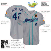 Load image into Gallery viewer, Custom Gray Navy Pinstripe Navy-Teal Authentic Baseball Jersey
