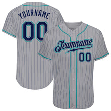 Load image into Gallery viewer, Custom Gray Navy Pinstripe Navy-Teal Authentic Baseball Jersey
