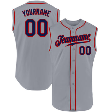 Custom Gray Navy-Red Authentic Sleeveless Baseball Jersey