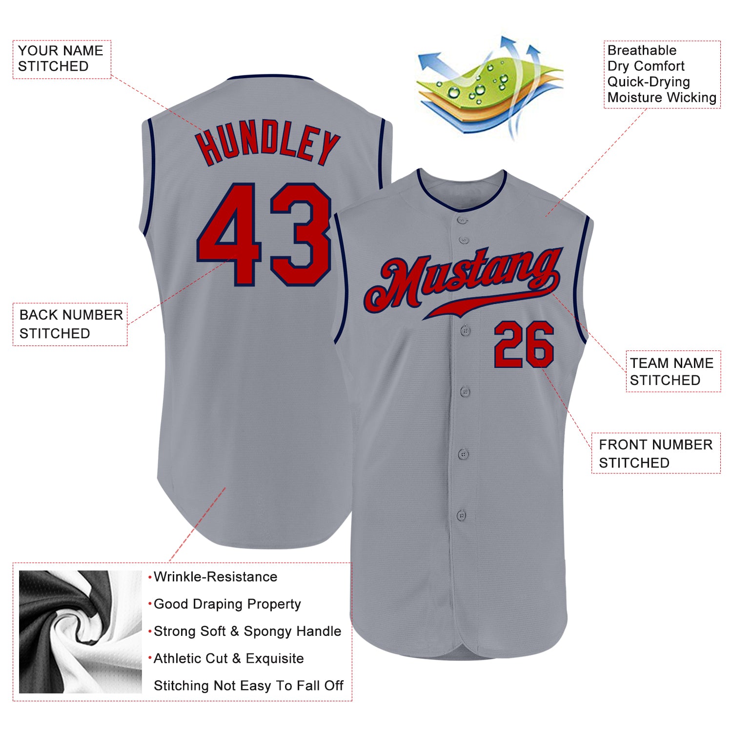 Custom Gray Red-Navy Baseball Jersey