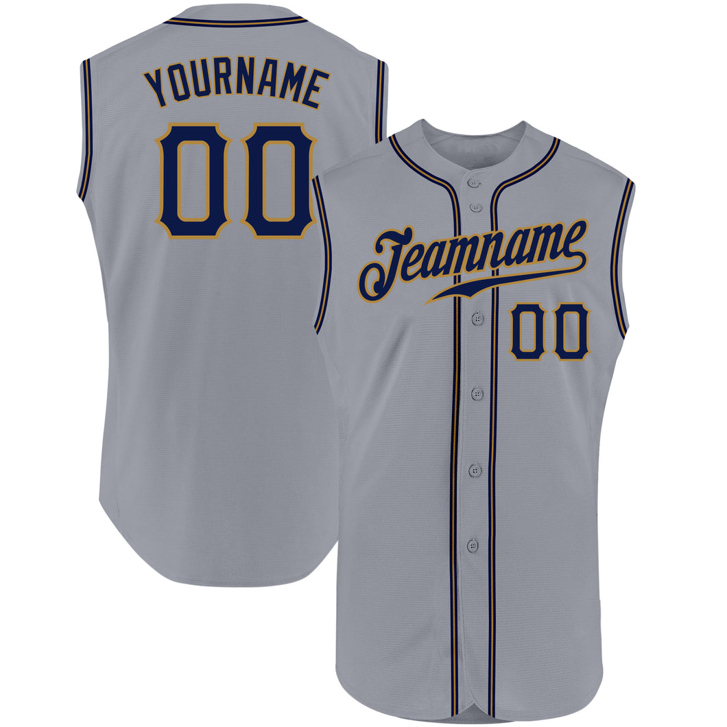 Custom Gray Navy-Old Gold Authentic Sleeveless Baseball Jersey