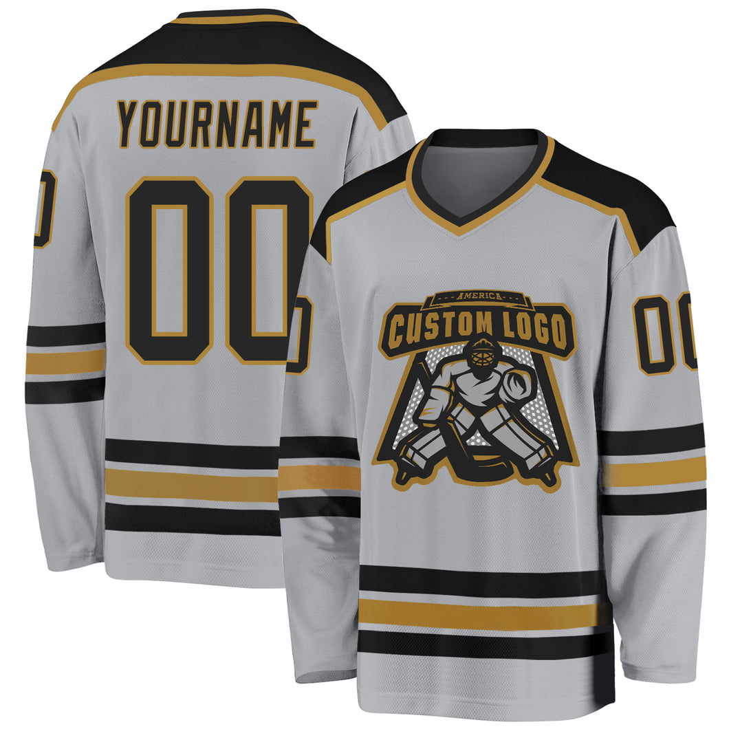 Custom Black Black-Old Gold Hockey Jersey Youth Size:M