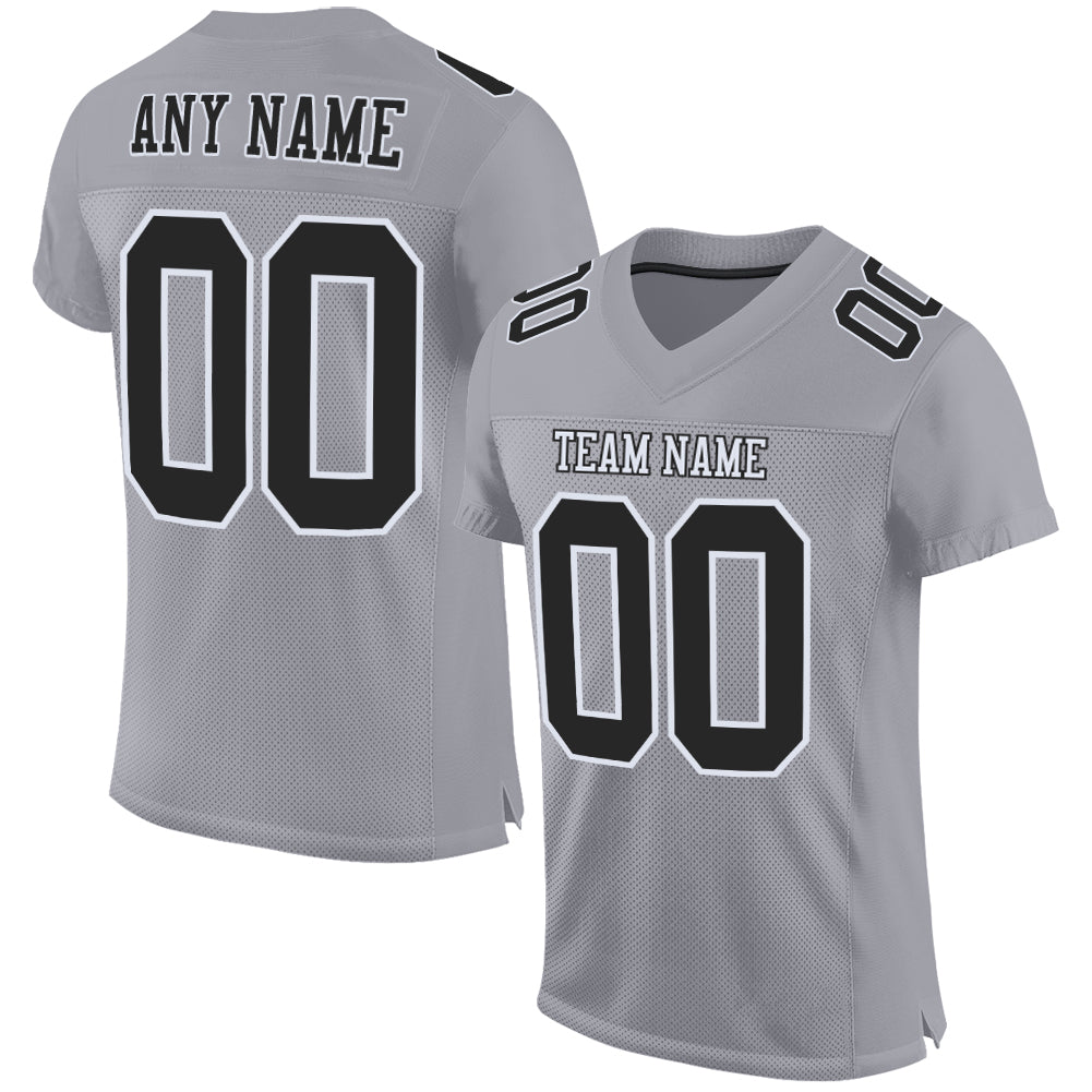 Custom Team Black Football Authentic Gray Mesh Jersey White