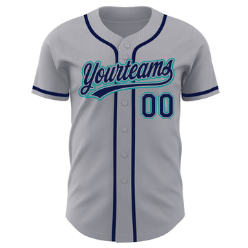 Custom Gray Navy-Teal Authentic Baseball Jersey