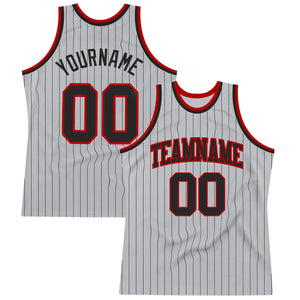 Custom Gray Black Pinstripe Black-Red Authentic Basketball Jersey