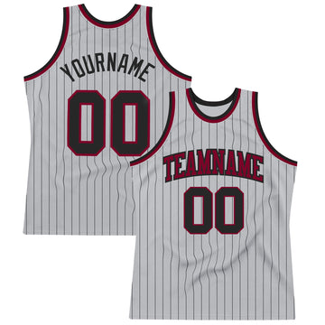 Custom Gray Black Pinstripe Black-Maroon Authentic Basketball Jersey