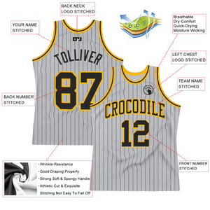 Custom Gray Black Pinstripe Black-Gold Authentic Basketball Jersey