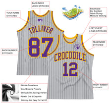 Laden Sie das Bild in den Galerie-Viewer, Custom Gray Black Pinstripe Purple-Gold Authentic Basketball Jersey
