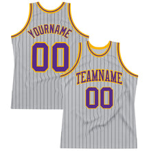 Laden Sie das Bild in den Galerie-Viewer, Custom Gray Black Pinstripe Purple-Gold Authentic Basketball Jersey
