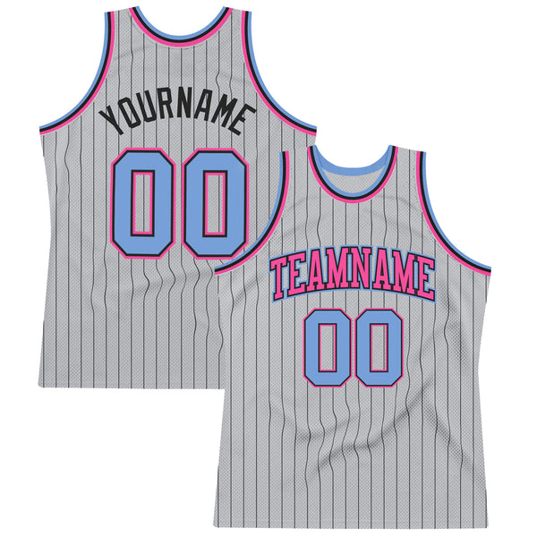 Custom Black White Pinstripe Pink-Light Blue Authentic Basketball Jersey