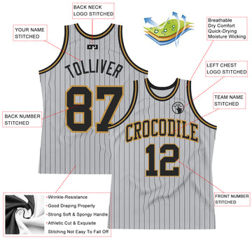 Custom Gray Black Pinstripe Black-Old Gold Authentic Basketball Jersey