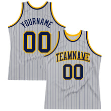 Загрузить изображение в средство просмотра галереи, Custom Gray Navy Pinstripe Navy-Gold Authentic Basketball Jersey
