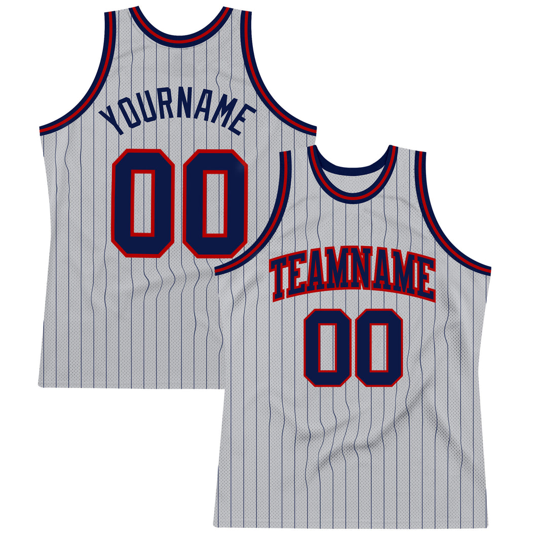 Custom Gray Navy Pinstripe Navy-Red Authentic Basketball Jersey