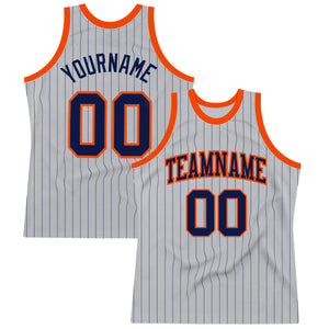 Custom Gray Navy Pinstripe Navy-Orange Authentic Basketball Jersey