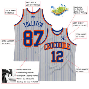 Custom Gray Royal Pinstripe Royal-Orange Authentic Basketball Jersey