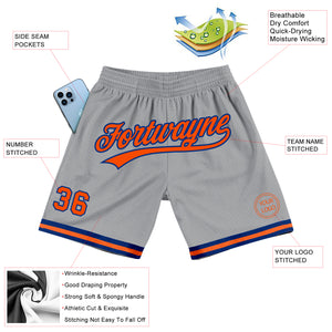 Custom Gray Orange-Royal Authentic Throwback Basketball Shorts