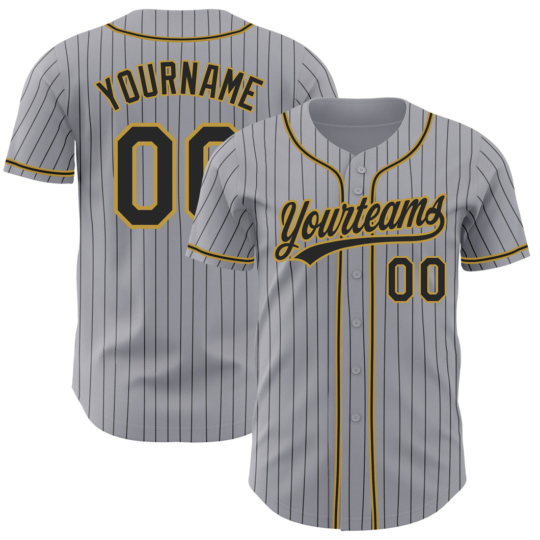 Custom Gray Black Pinstripe Black-Old Gold Authentic Baseball Jersey