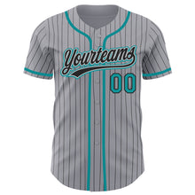 Load image into Gallery viewer, Custom Gray Black Pinstripe Teal Authentic Baseball Jersey
