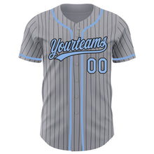 Load image into Gallery viewer, Custom Gray Black Pinstripe Light Blue Authentic Baseball Jersey
