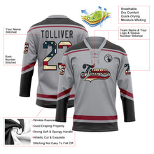 Laden Sie das Bild in den Galerie-Viewer, Custom Gray Vintage USA Flag Black-Crimson Hockey Lace Neck Jersey
