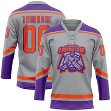 Laden Sie das Bild in den Galerie-Viewer, Custom Gray Orange-Purple Hockey Lace Neck Jersey
