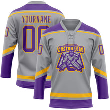 Laden Sie das Bild in den Galerie-Viewer, Custom Gray Purple-Gold Hockey Lace Neck Jersey
