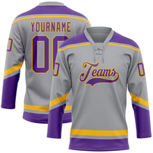 Laden Sie das Bild in den Galerie-Viewer, Custom Gray Purple-Gold Hockey Lace Neck Jersey
