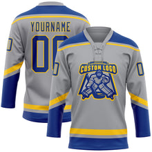 Laden Sie das Bild in den Galerie-Viewer, Custom Gray Royal-Yellow Hockey Lace Neck Jersey
