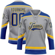 Laden Sie das Bild in den Galerie-Viewer, Custom Gray Royal-Yellow Hockey Lace Neck Jersey
