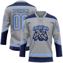 Laden Sie das Bild in den Galerie-Viewer, Custom Gray Light Blue-Navy Hockey Lace Neck Jersey
