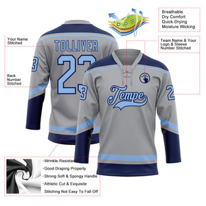 Custom Gray Light Blue-Navy Hockey Lace Neck Jersey