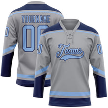 Laden Sie das Bild in den Galerie-Viewer, Custom Gray Light Blue-Navy Hockey Lace Neck Jersey
