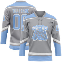 Laden Sie das Bild in den Galerie-Viewer, Custom Gray Light Blue-White Hockey Lace Neck Jersey
