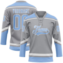 Laden Sie das Bild in den Galerie-Viewer, Custom Gray Light Blue-White Hockey Lace Neck Jersey
