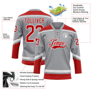 Custom Gray Red-White Hockey Lace Neck Jersey