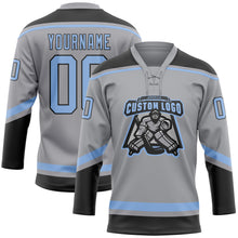 Laden Sie das Bild in den Galerie-Viewer, Custom Gray Light Blue-Black Hockey Lace Neck Jersey
