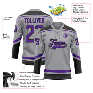 Custom Gray Purple-Black Hockey Lace Neck Jersey