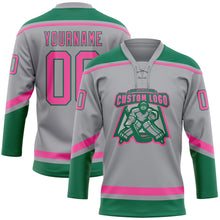 Загрузить изображение в средство просмотра галереи, Custom Gray Pink-Kelly Green Hockey Lace Neck Jersey
