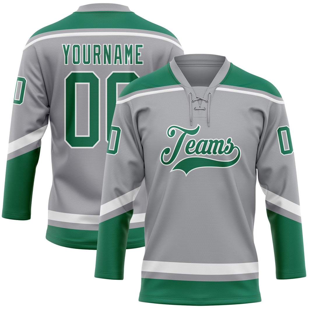 Custom Gray Kelly Green-White Hockey Lace Neck Jersey