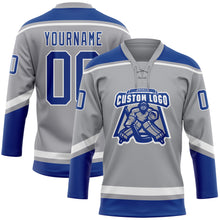 Загрузить изображение в средство просмотра галереи, Custom Gray Royal-White Hockey Lace Neck Jersey
