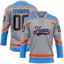 Загрузить изображение в средство просмотра галереи, Custom Gray Black Powder Blue-Orange Hockey Lace Neck Jersey
