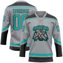 Загрузить изображение в средство просмотра галереи, Custom Gray Aqua-Black Hockey Lace Neck Jersey
