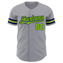 Load image into Gallery viewer, Custom Gray Neon Green-Navy Authentic Baseball Jersey
