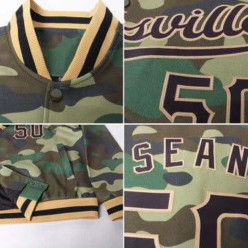 Custom Camo Black-Old Gold Bomber Full-Snap Varsity Letterman Salute To Service Jacket