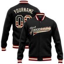 Загрузить изображение в средство просмотра галереи, Custom Black Vintage USA Flag-Cream Bomber Full-Snap Varsity Letterman Jacket
